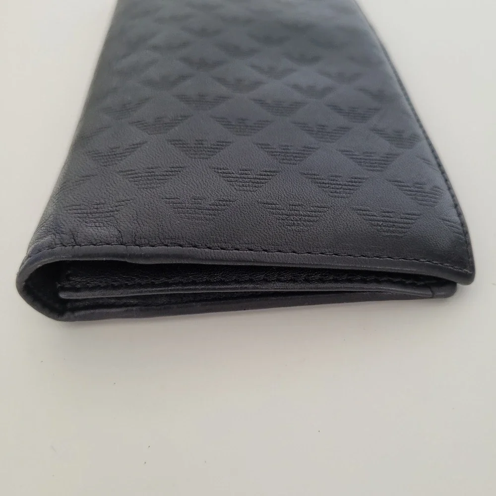 Emporio Armani Black Leather Long Bifold Wallet Embossed Eagle Logo Italy